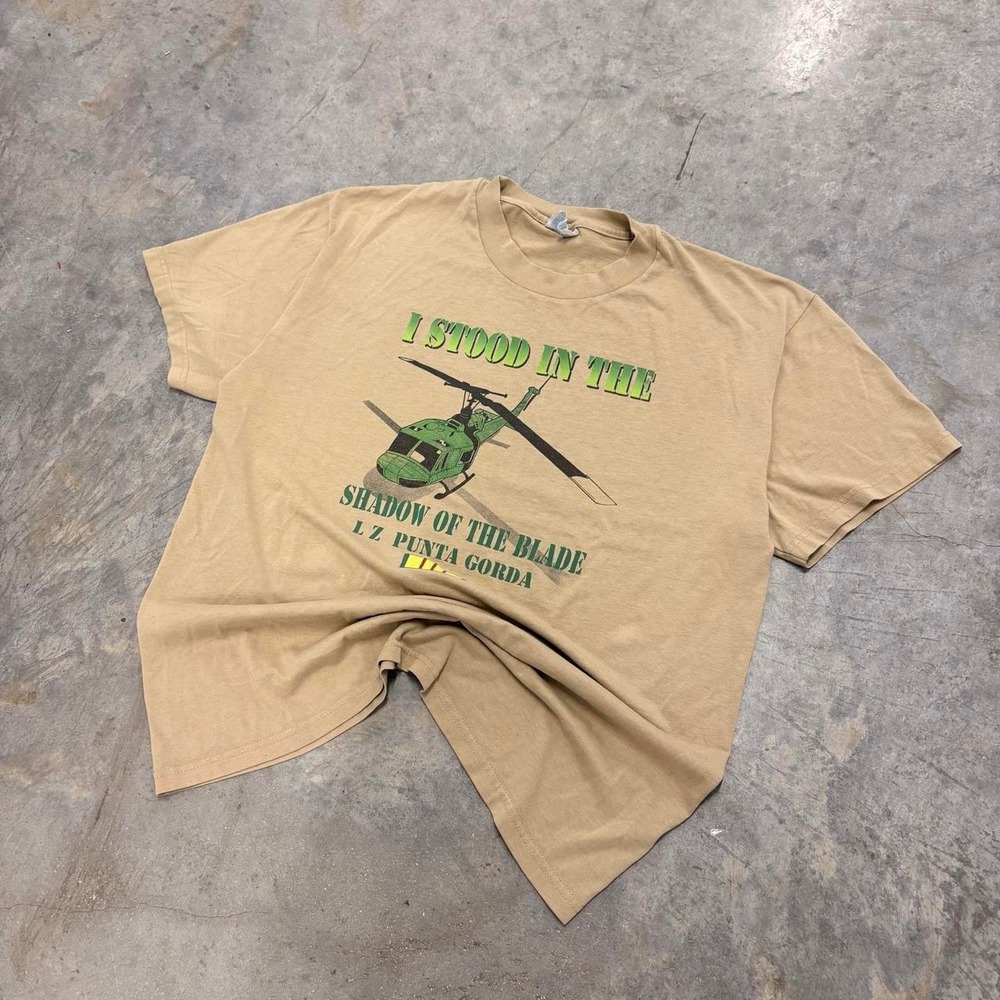 Vintage 90s Hanes Military Helicopter Graphic T-Shirt Desert Tan L